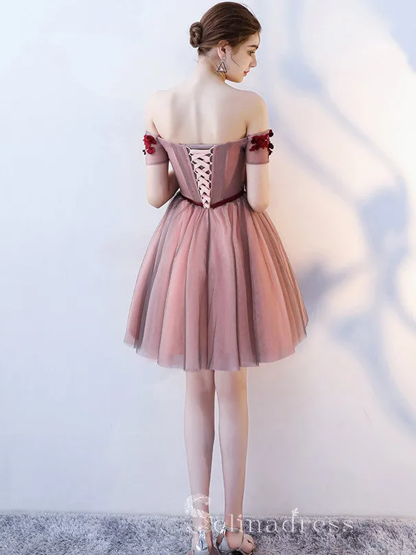 Unique Off-the-shoulder Burgundy Cute Short Ptom Dress Homecoming Dresses MHL036