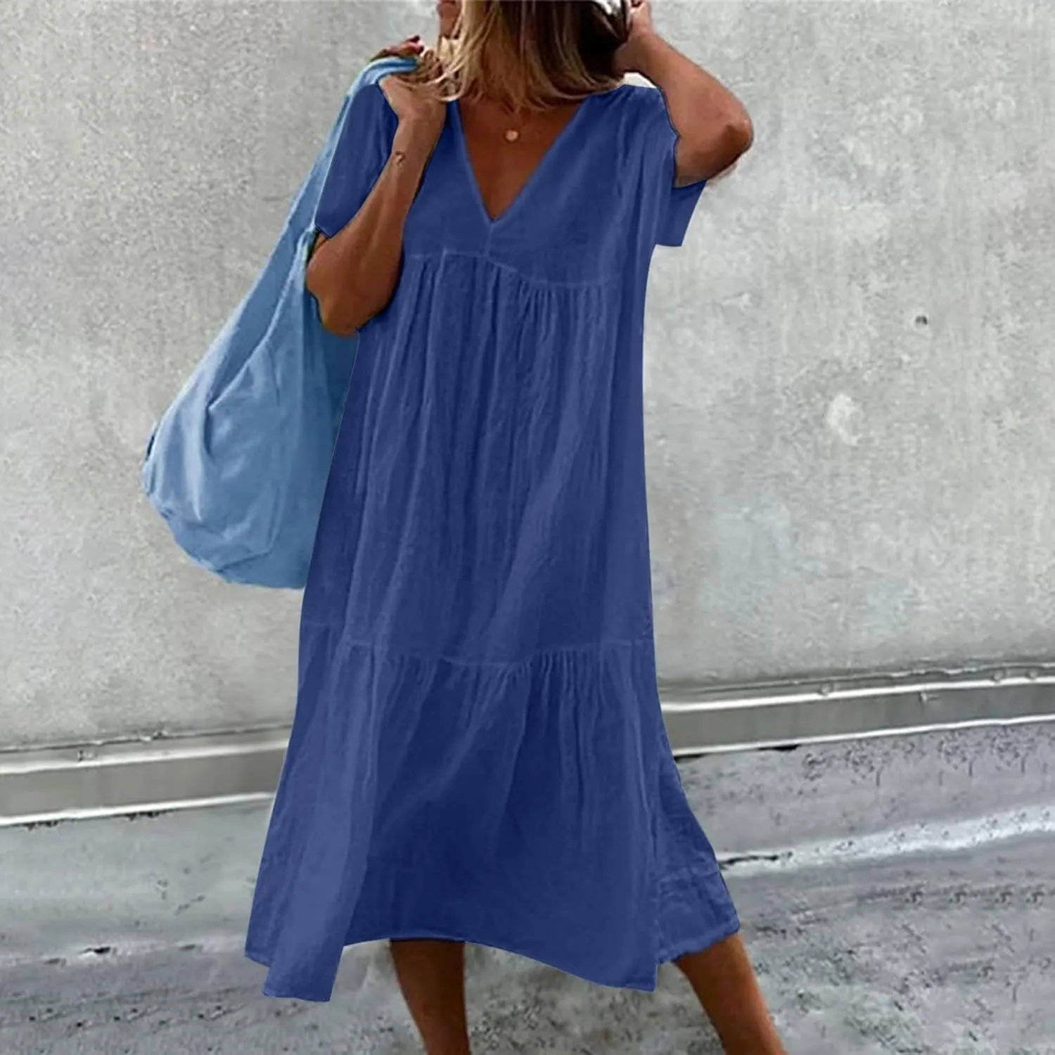 V-Neck Tea Length Dresses T Shirt Midi Dress Summer Casual Loose Sundress Beach Vacation Sundresses Plus Size