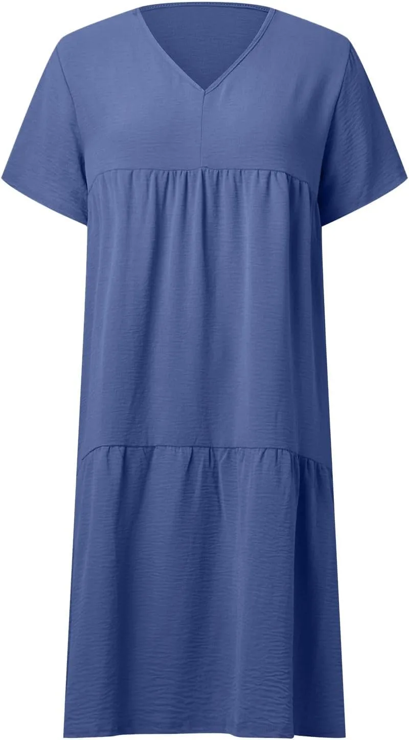V-Neck Tea Length Dresses T Shirt Midi Dress Summer Casual Loose Sundress Beach Vacation Sundresses Plus Size
