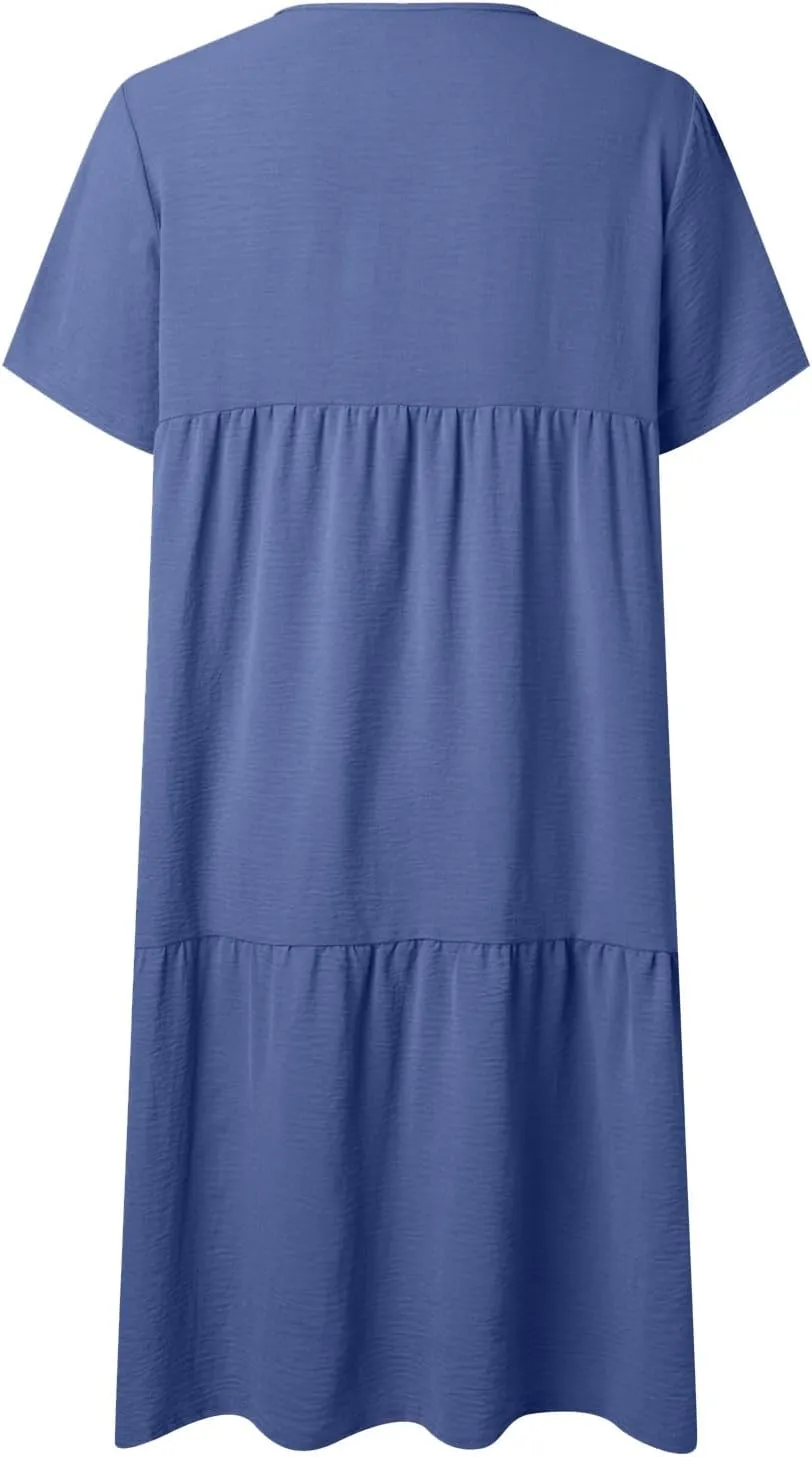 V-Neck Tea Length Dresses T Shirt Midi Dress Summer Casual Loose Sundress Beach Vacation Sundresses Plus Size
