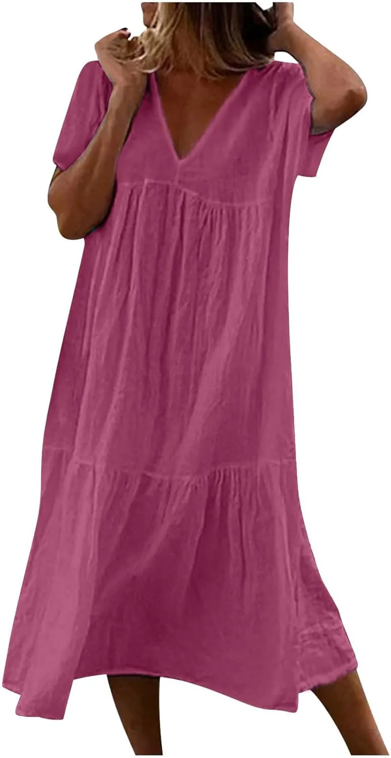 V-Neck Tea Length Dresses T Shirt Midi Dress Summer Casual Loose Sundress Beach Vacation Sundresses Plus Size