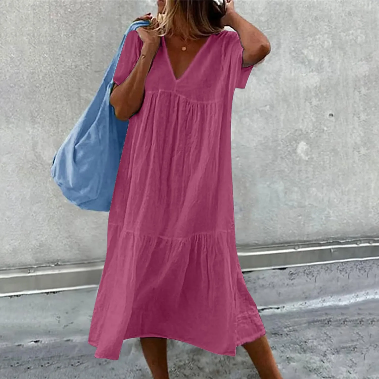 V-Neck Tea Length Dresses T Shirt Midi Dress Summer Casual Loose Sundress Beach Vacation Sundresses Plus Size