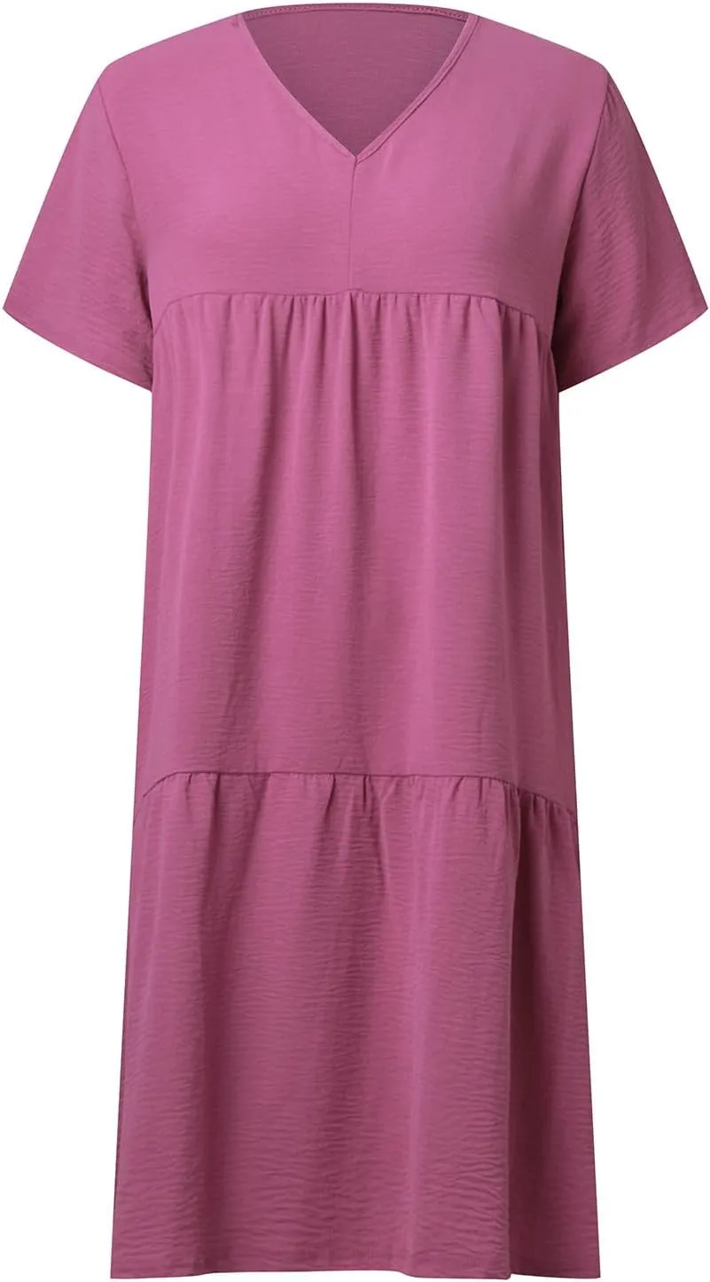 V-Neck Tea Length Dresses T Shirt Midi Dress Summer Casual Loose Sundress Beach Vacation Sundresses Plus Size