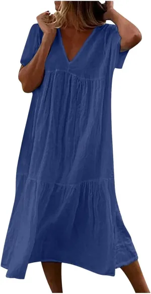V-Neck Tea Length Dresses T Shirt Midi Dress Summer Casual Loose Sundress Beach Vacation Sundresses Plus Size