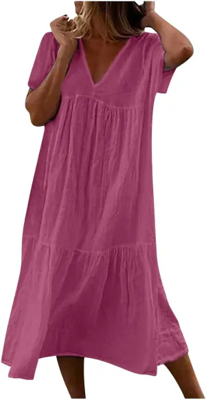 V-Neck Tea Length Dresses T Shirt Midi Dress Summer Casual Loose Sundress Beach Vacation Sundresses Plus Size
