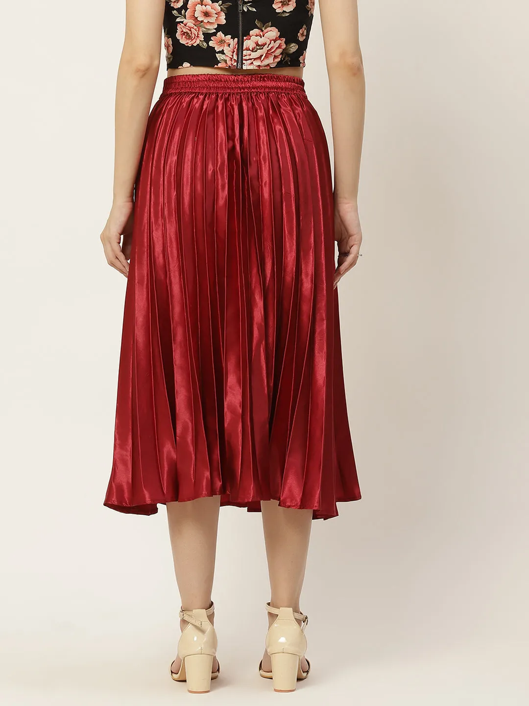Women Solid Red Pleated Skirt