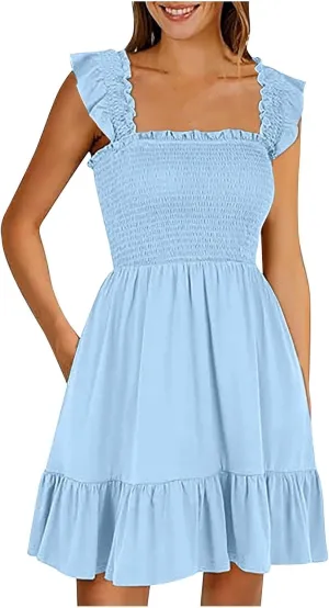 Women Summer Dresses Casual Boho Smocked Ruffle Sun Beach Babydoll Mini Dress Layered Flowy Swing Dress with Pockets