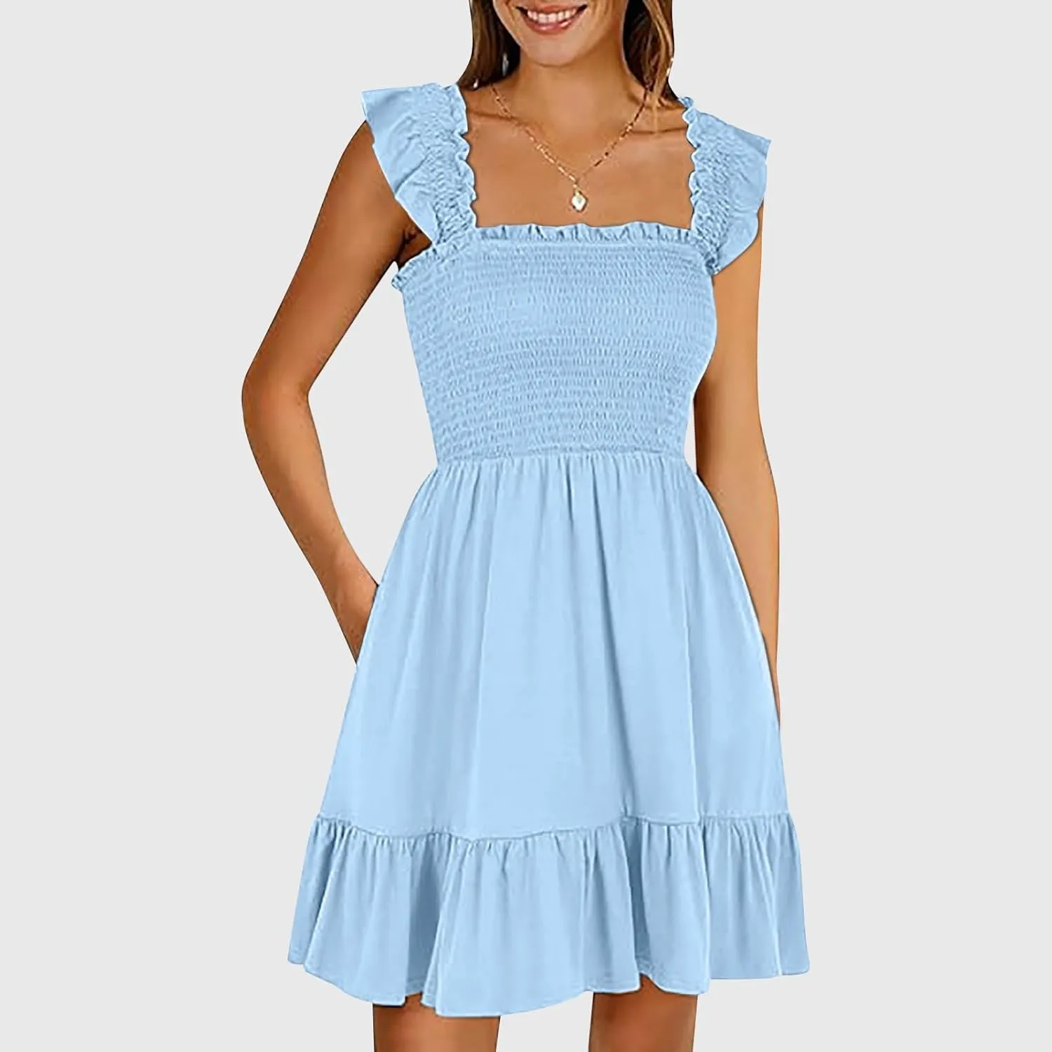 Women Summer Dresses Casual Boho Smocked Ruffle Sun Beach Babydoll Mini Dress Layered Flowy Swing Dress with Pockets