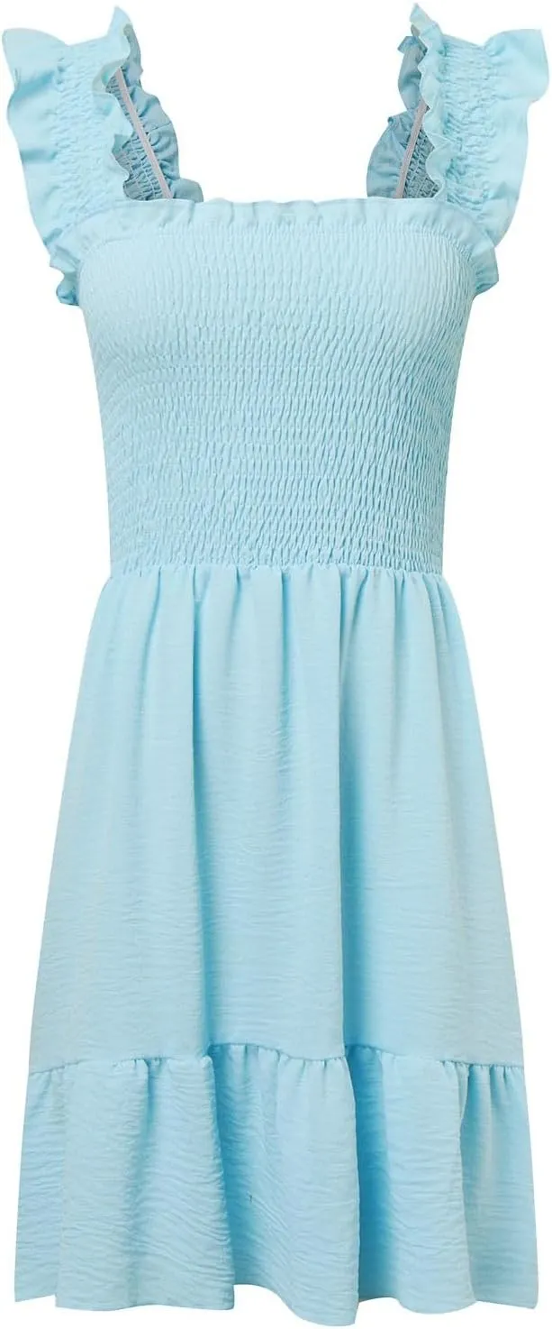 Women Summer Dresses Casual Boho Smocked Ruffle Sun Beach Babydoll Mini Dress Layered Flowy Swing Dress with Pockets