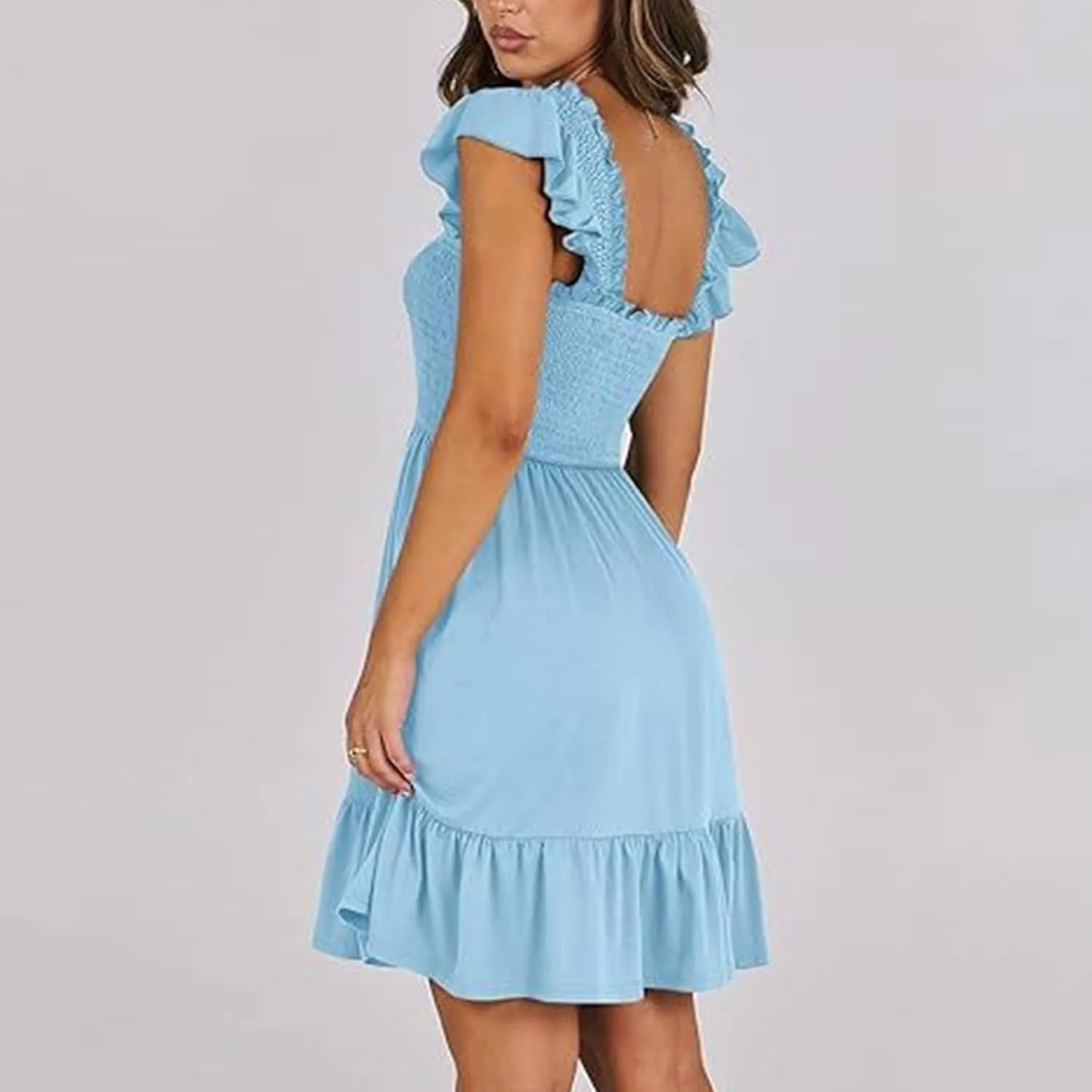 Women Summer Dresses Casual Boho Smocked Ruffle Sun Beach Babydoll Mini Dress Layered Flowy Swing Dress with Pockets