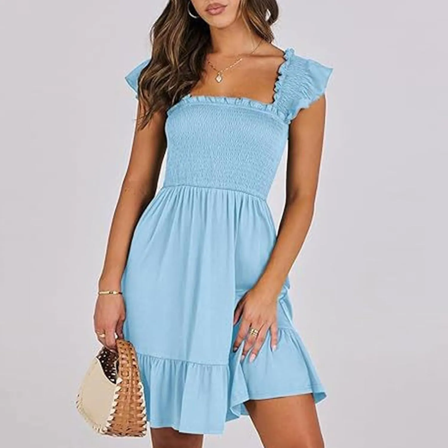 Women Summer Dresses Casual Boho Smocked Ruffle Sun Beach Babydoll Mini Dress Layered Flowy Swing Dress with Pockets