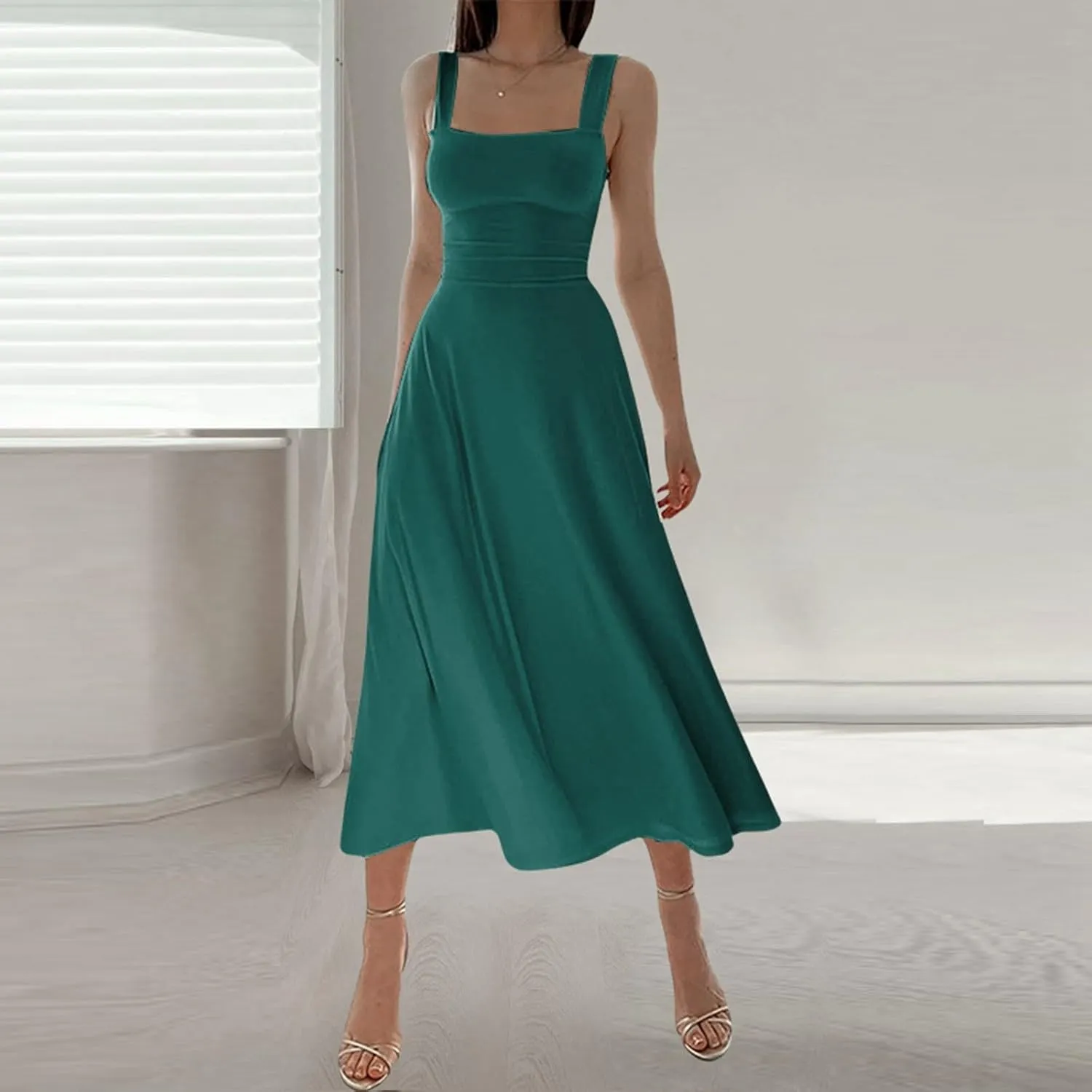 Women's 2025 Summer Sleeveless Midi Dress Square Neck Drawstring Waist Flowy A Line Beach Dresses Tank Dresses for Women