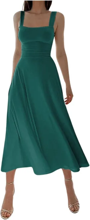 Women's 2025 Summer Sleeveless Midi Dress Square Neck Drawstring Waist Flowy A Line Beach Dresses Tank Dresses for Women