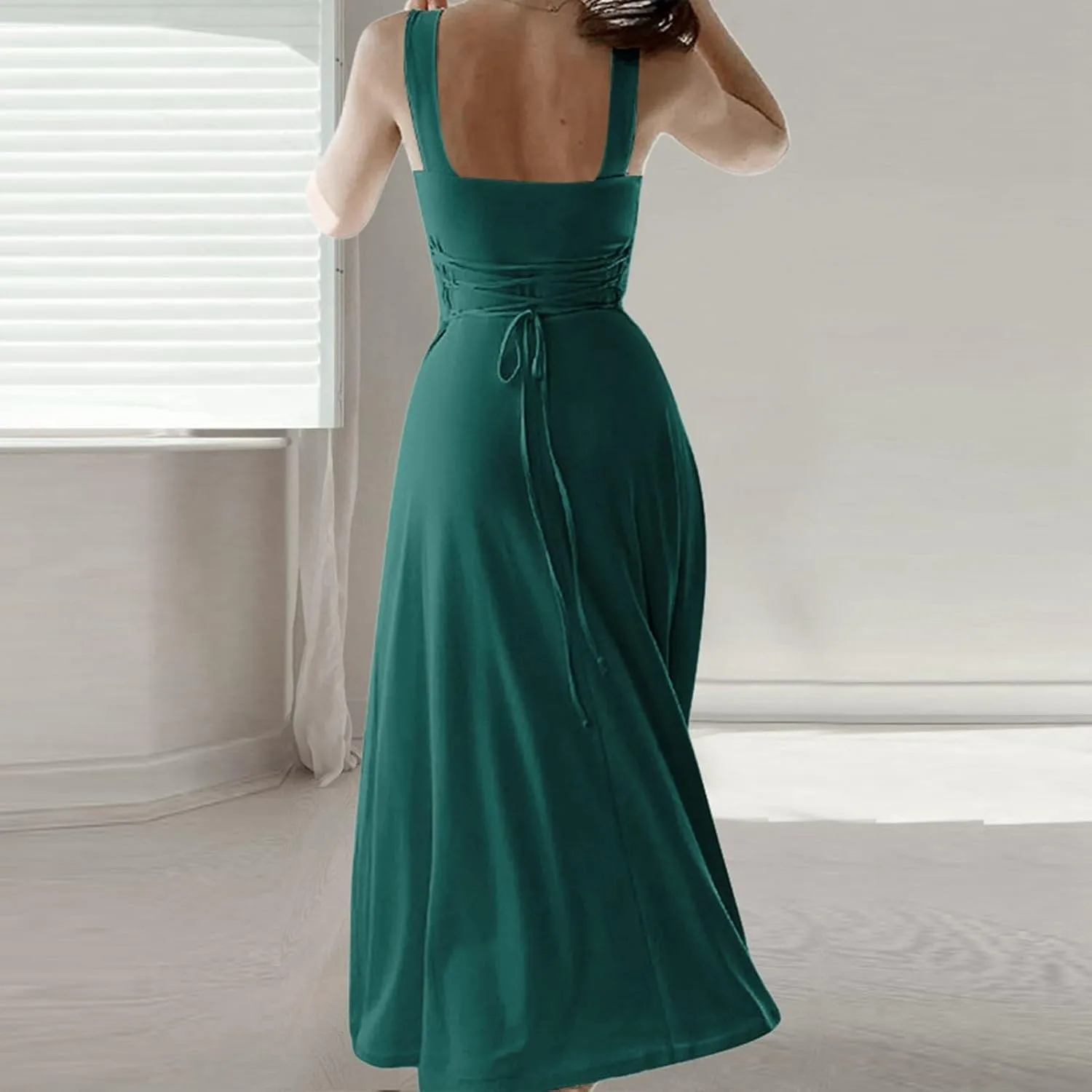 Women's 2025 Summer Sleeveless Midi Dress Square Neck Drawstring Waist Flowy A Line Beach Dresses Tank Dresses for Women