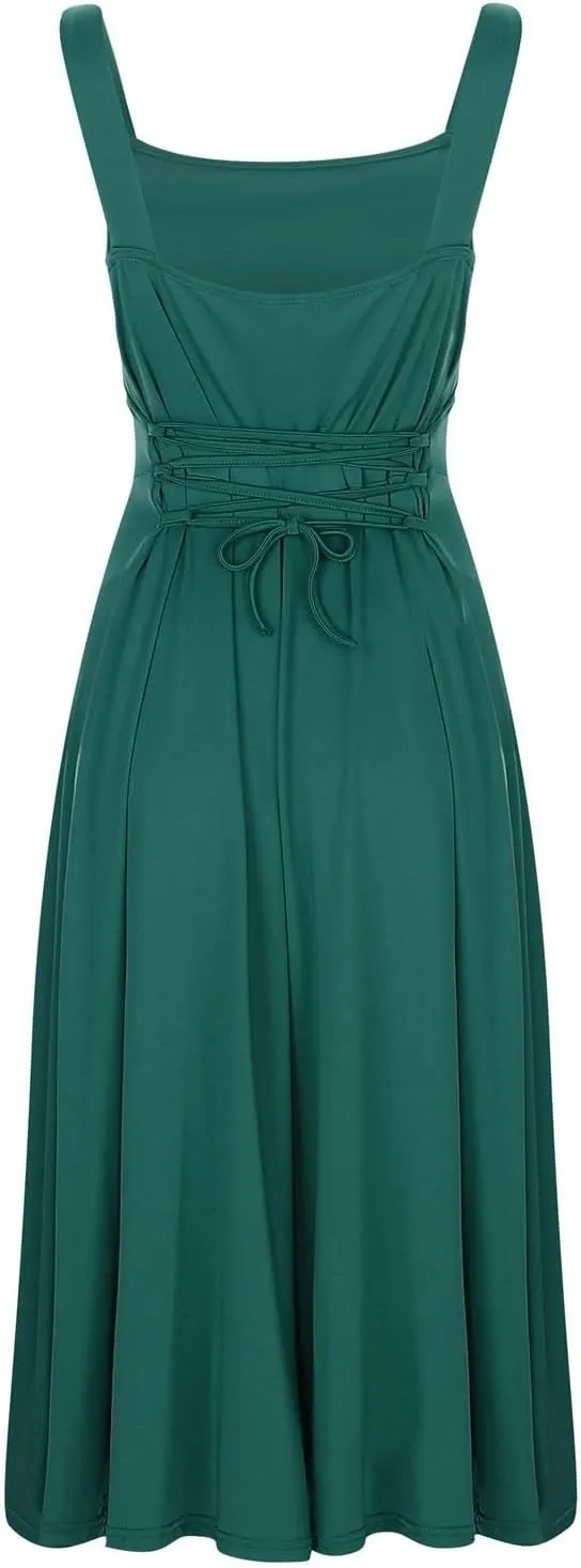 Women's 2025 Summer Sleeveless Midi Dress Square Neck Drawstring Waist Flowy A Line Beach Dresses Tank Dresses for Women