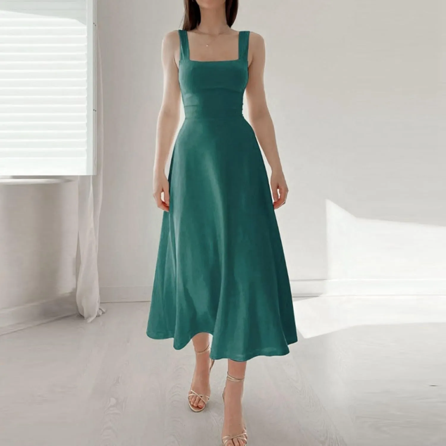Women's 2025 Summer Sleeveless Midi Dress Square Neck Drawstring Waist Flowy A Line Beach Dresses Tank Dresses for Women