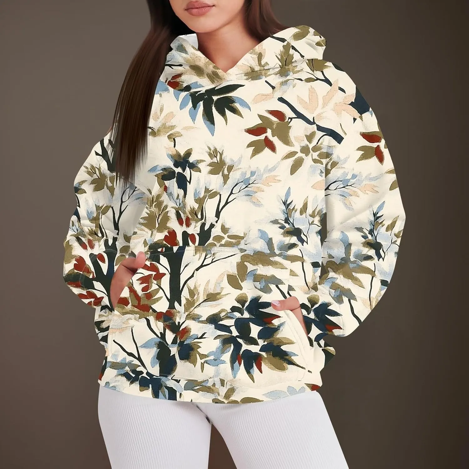 Womens Camo Hoodie Fall Winter Sweatshirt Maple Leaf Print Hoodie Drop Shoulder Long Sleeve Camo Shirt With Pocket
