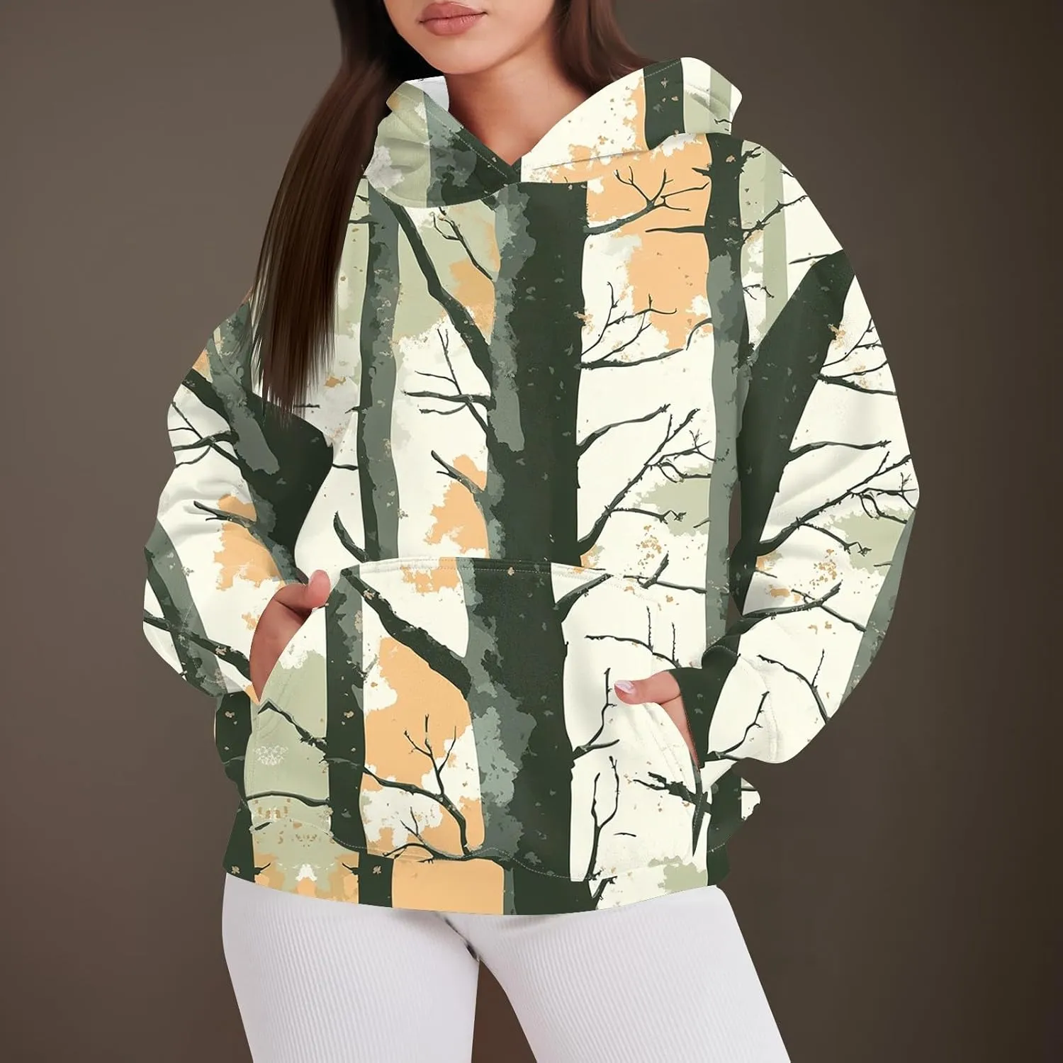 Womens Camo Hoodie Fall Winter Sweatshirt Maple Leaf Print Hoodie Drop Shoulder Long Sleeve Camo Shirt With Pocket
