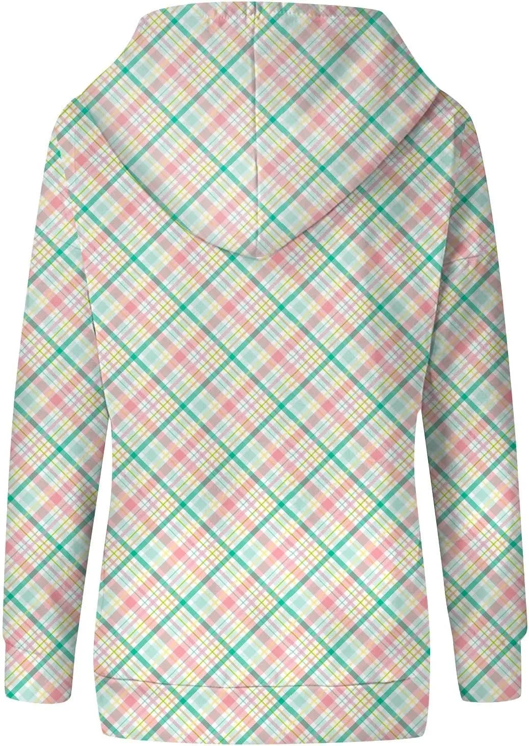 Womens Hoodies Casual Long Sleeve Drawstring Plaid Print Pullover Tops Loose Hooded Sweatshirt with Pocket