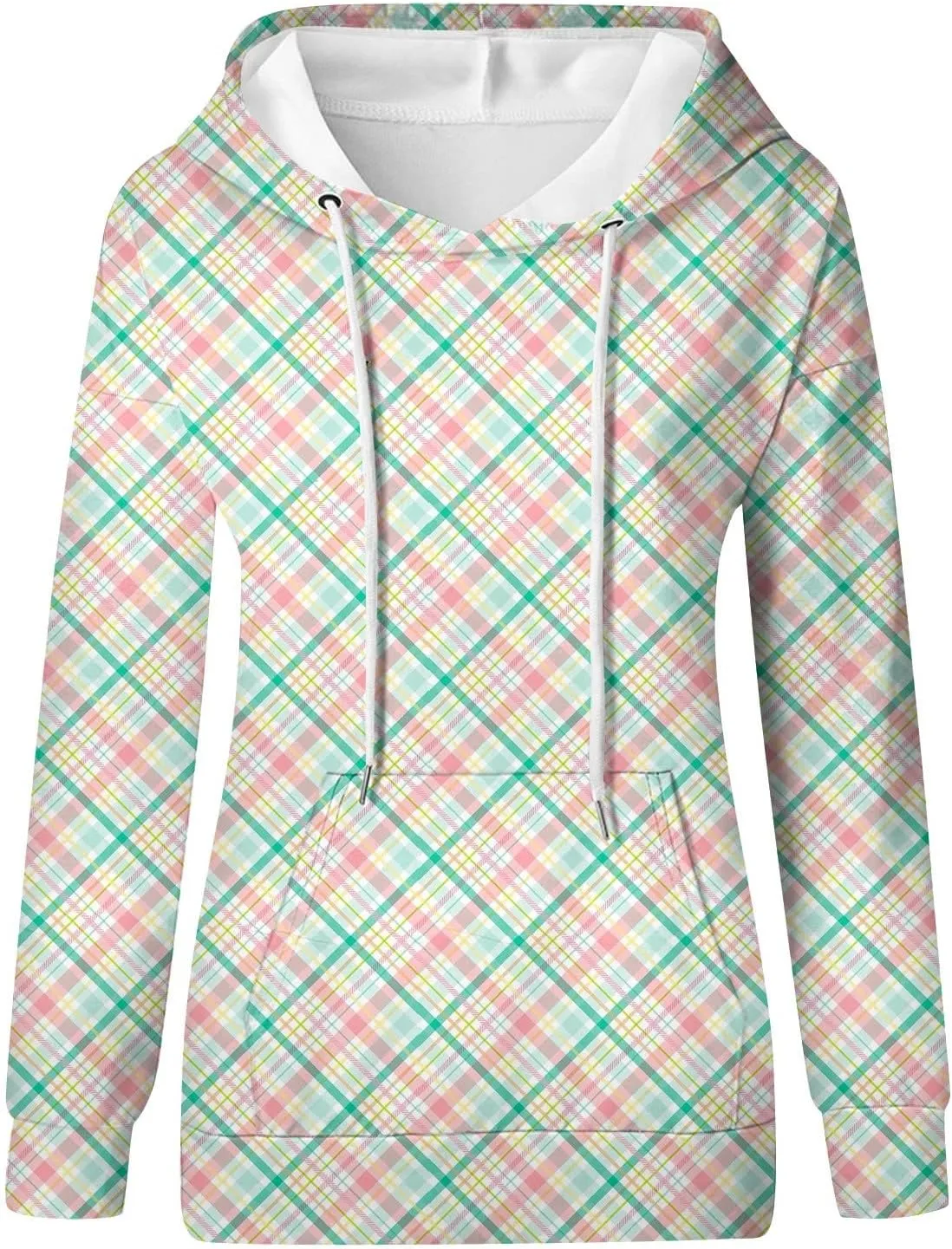 Womens Hoodies Casual Long Sleeve Drawstring Plaid Print Pullover Tops Loose Hooded Sweatshirt with Pocket