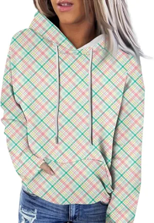 Womens Hoodies Casual Long Sleeve Drawstring Plaid Print Pullover Tops Loose Hooded Sweatshirt with Pocket