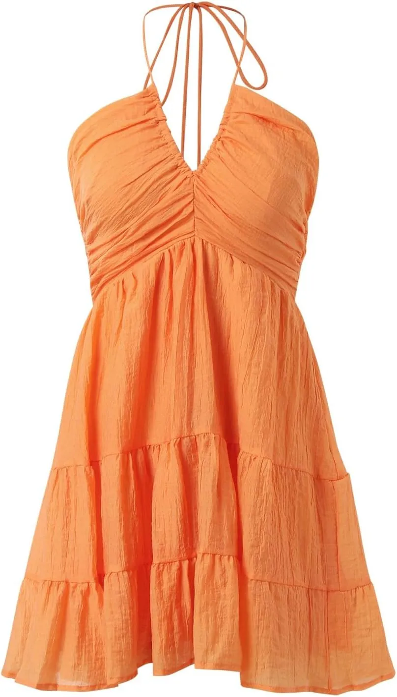 Women's Ruched Sundress Deep V Neck Halter Cutout Casual Mini Dress Ruffle Hem A Line Cute Party Club Dresses