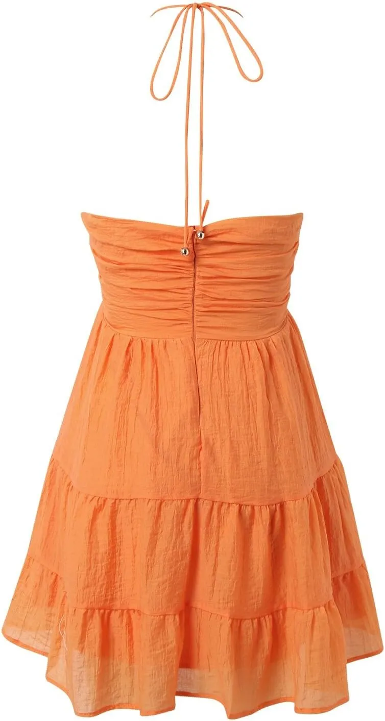 Women's Ruched Sundress Deep V Neck Halter Cutout Casual Mini Dress Ruffle Hem A Line Cute Party Club Dresses