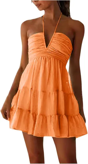 Women's Ruched Sundress Deep V Neck Halter Cutout Casual Mini Dress Ruffle Hem A Line Cute Party Club Dresses