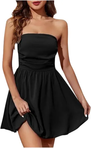 Women's Summer Strapless Mini Dress Tube Top Bubble Skirt 2025 Short Pleated A Line Patchwork Beach Party Sundress