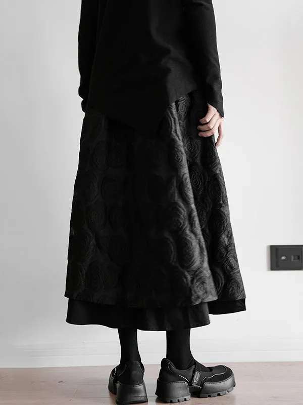 xakxx A-Line Loose Double Layered Elasticity Jacquard Solid Color Split-Joint Skirts Bottoms