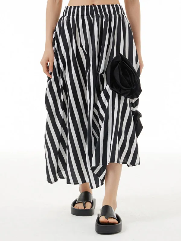 xakxx Loose Asymmetric Contrast Color Elasticity Striped Three-Dimensional Flower Skirts Bottoms