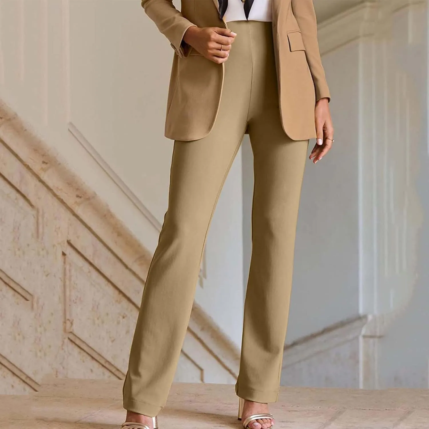 yardsong Dress Pants Women Bootcut Elastic High Waist Pull On Work Slacks Dressy Casual Slim Fit Solid Office Trousers